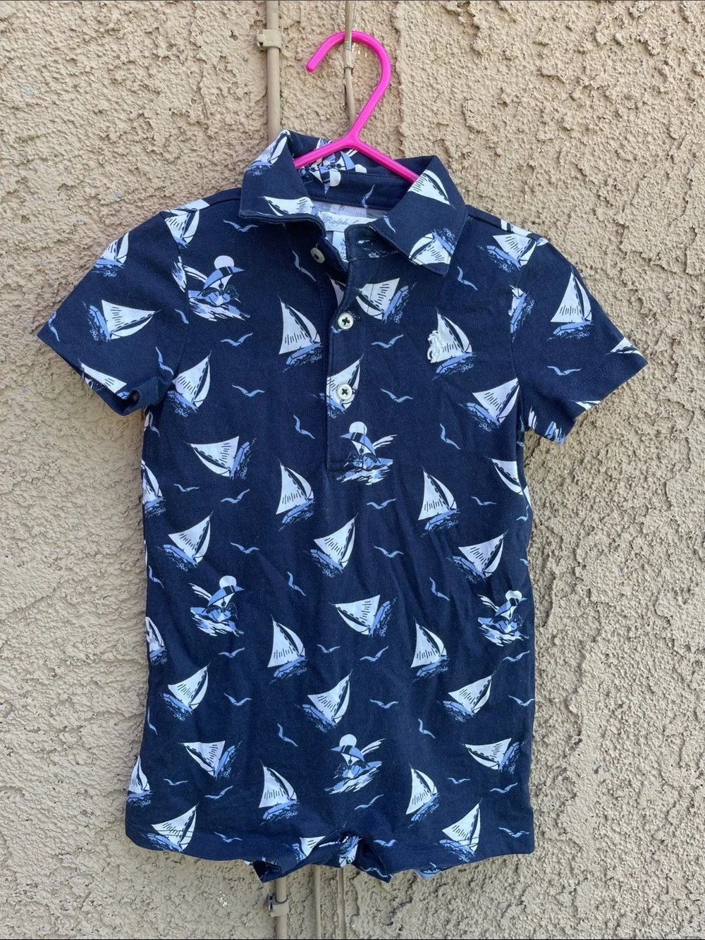 Ralph Lauren Navy and White Sailboat Polo Romper Shorts Jon Jon